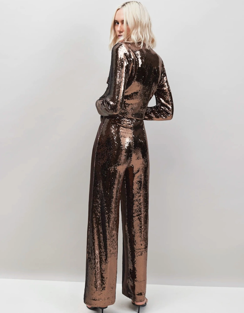 Chocolate Brown Sequinned Satin-Stripe Trousers