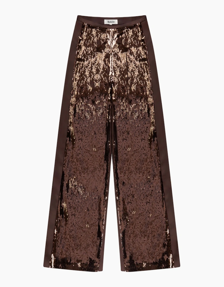 Chocolate Brown Sequinned Satin-Stripe Trousers