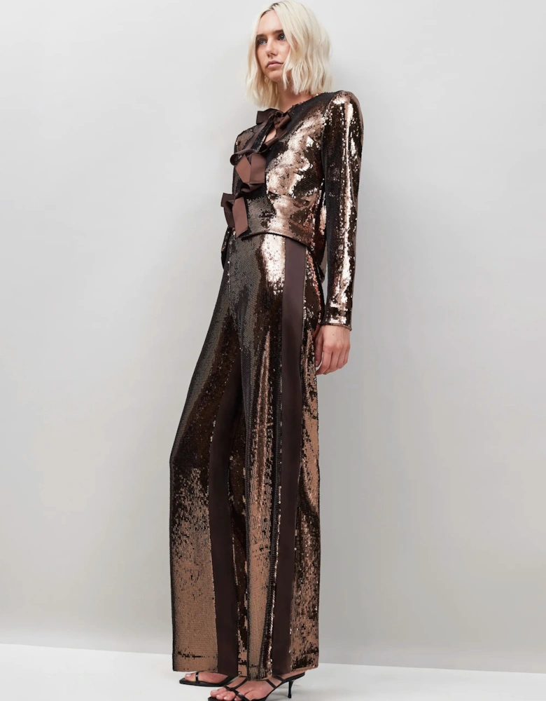 Chocolate Brown Sequinned Satin-Stripe Trousers