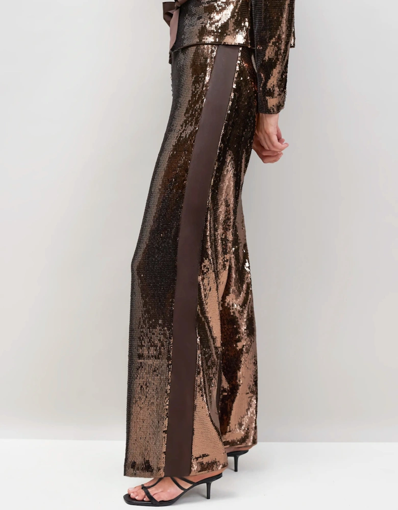Chocolate Brown Sequinned Satin-Stripe Trousers