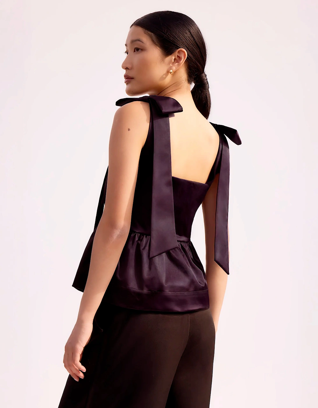 Burgundy Bow-Detail Peplum Satin Top