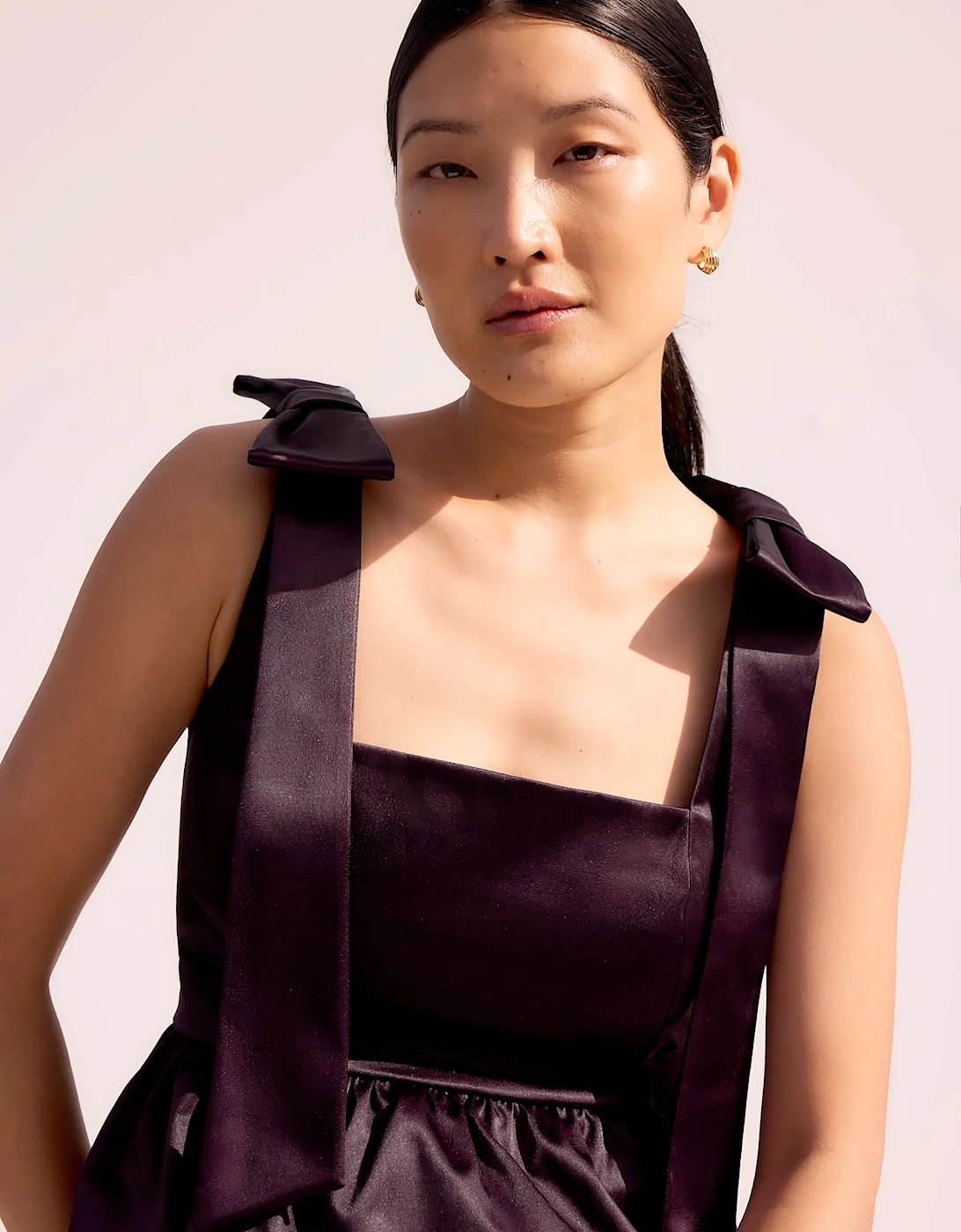 Burgundy Bow-Detail Peplum Satin Top