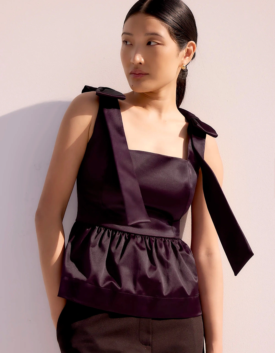 Burgundy Bow-Detail Peplum Satin Top