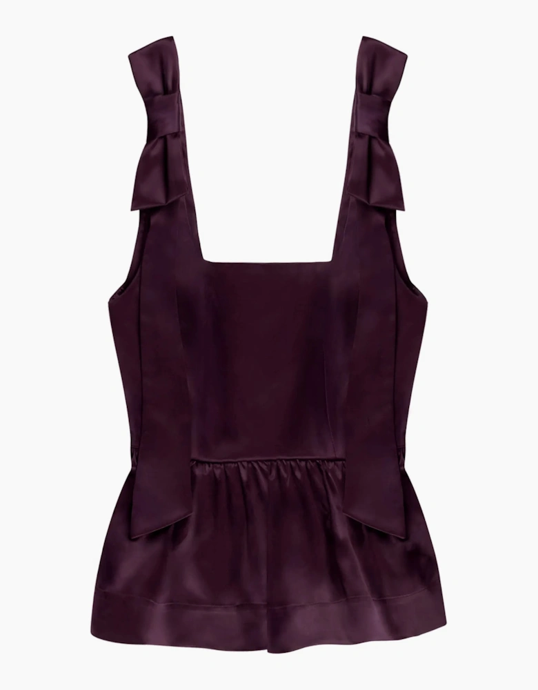 Burgundy Bow-Detail Peplum Satin Top