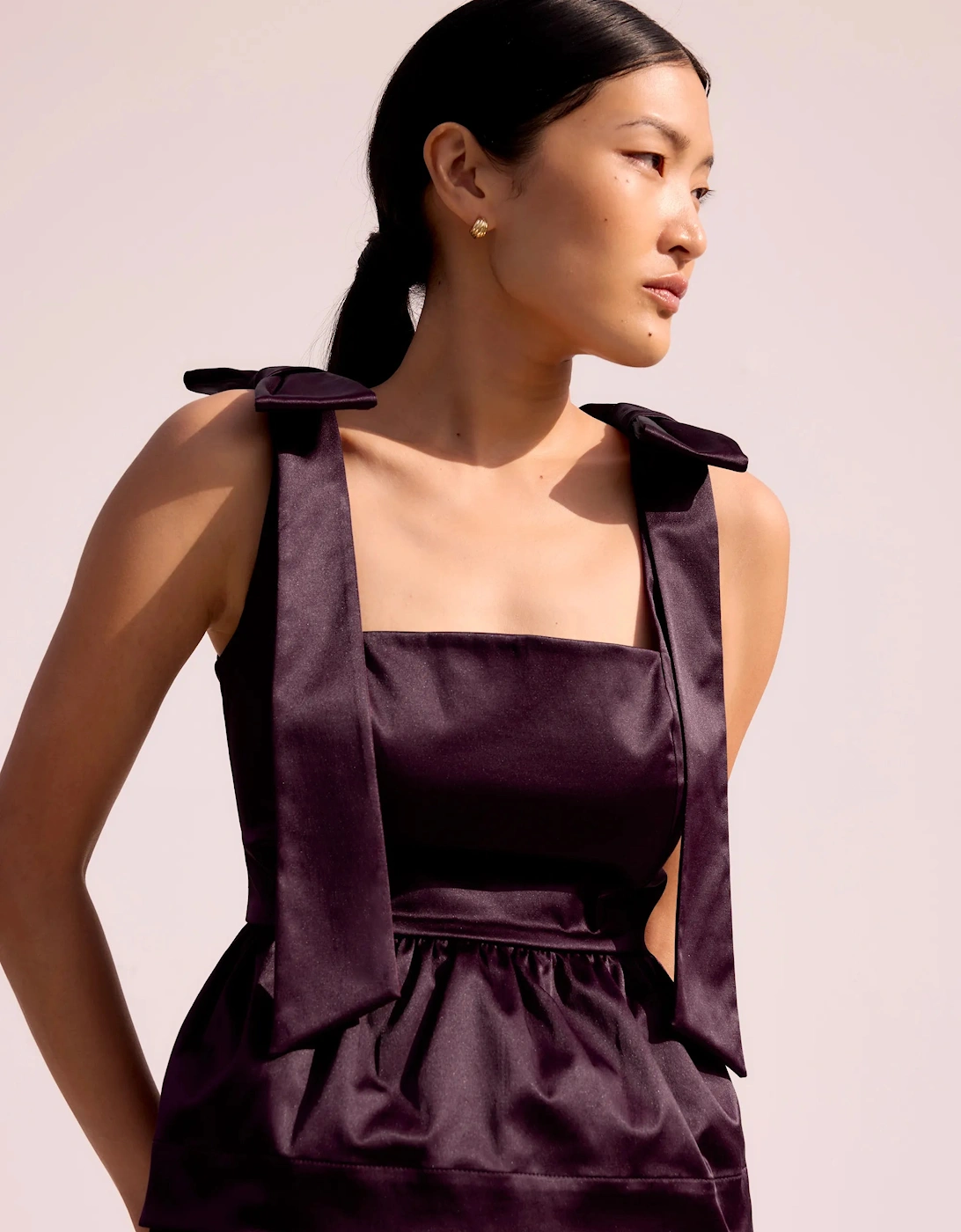 Burgundy Bow-Detail Peplum Satin Top