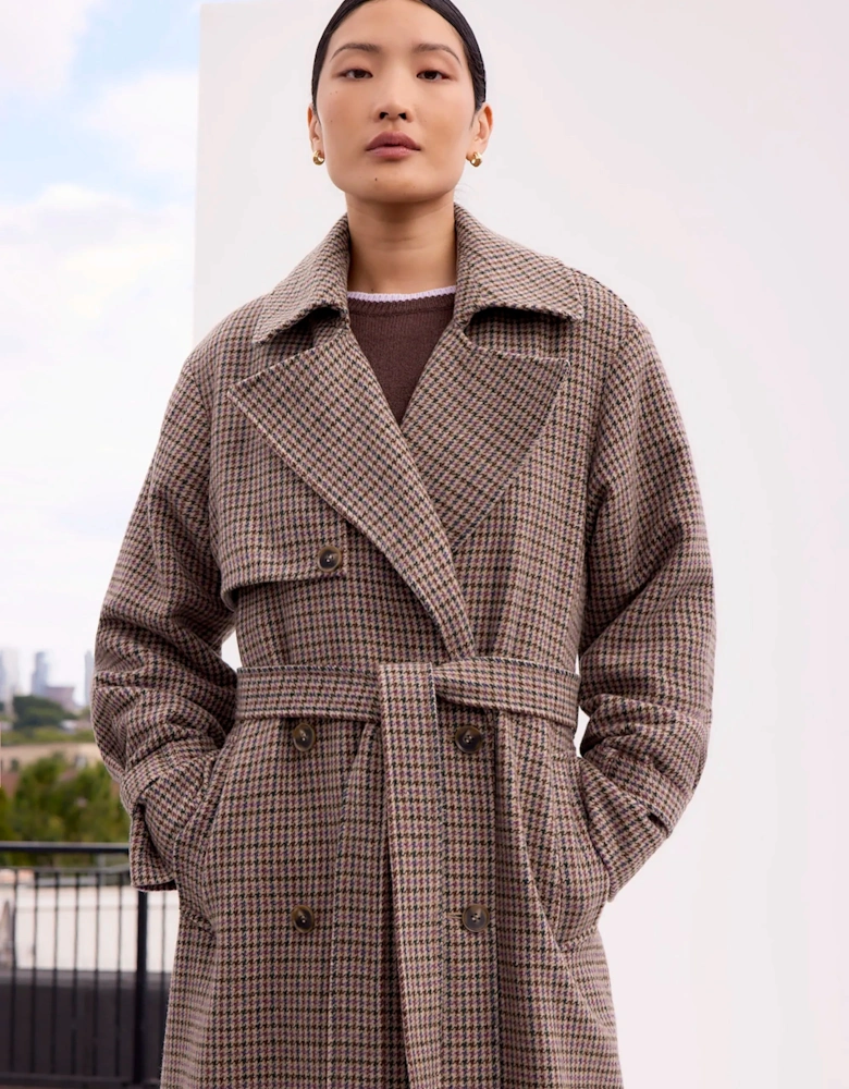 Houndstooth Check Belted Wool-Blend Trench Coat