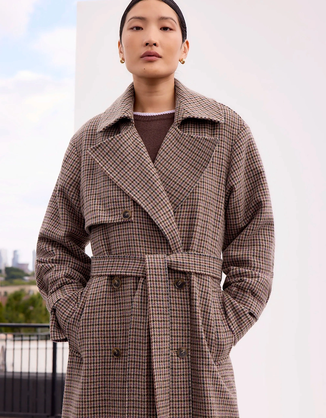 Houndstooth Check Belted Wool-Blend Trench Coat
