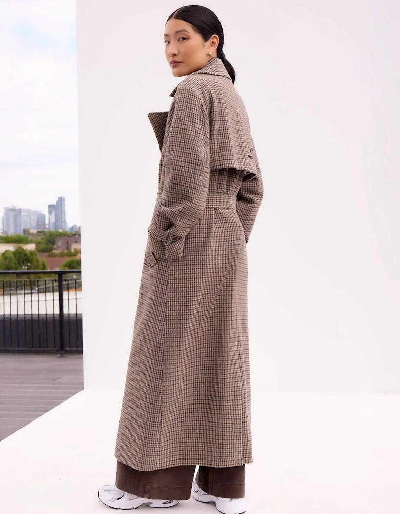 Houndstooth Check Belted Wool-Blend Trench Coat