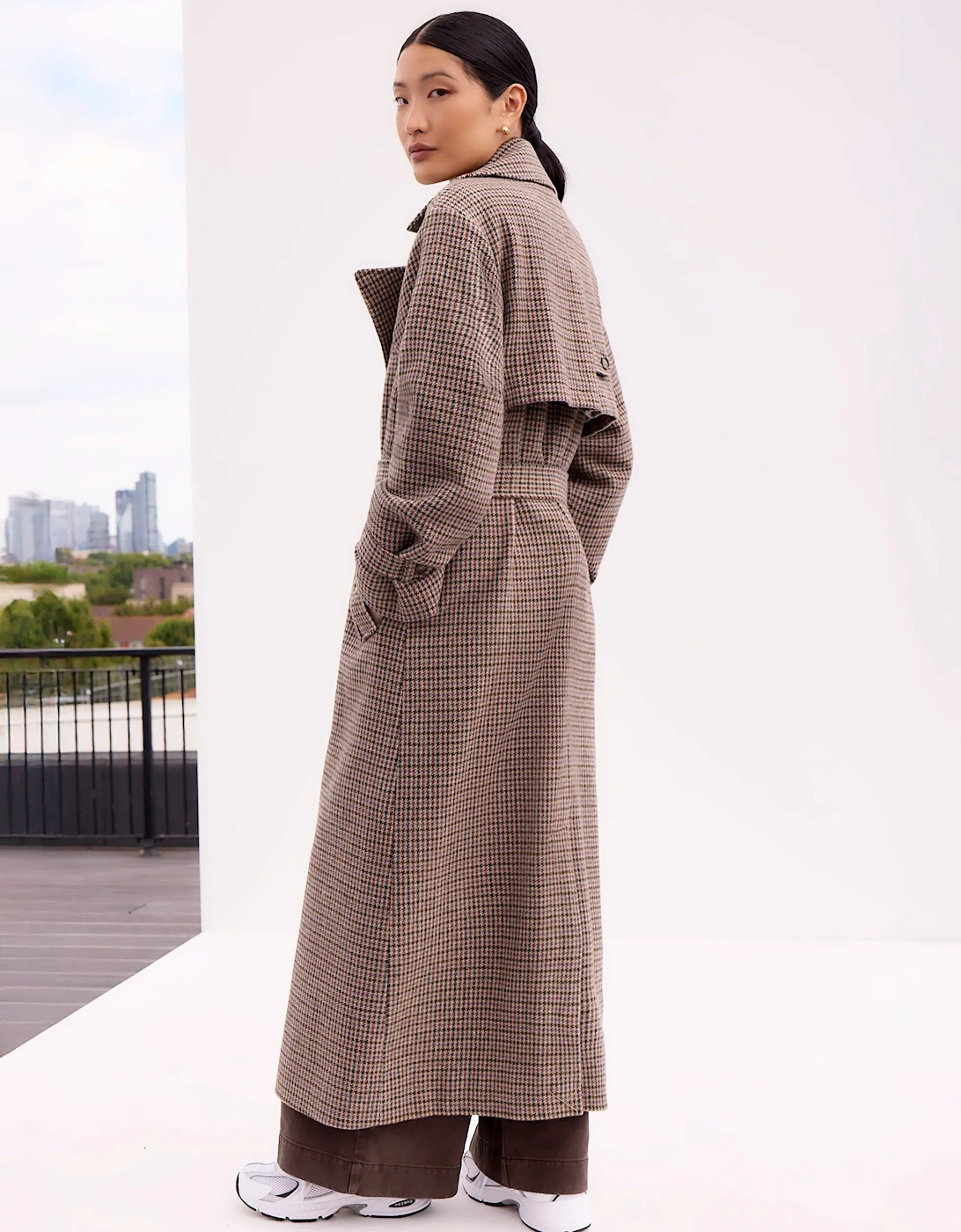 Houndstooth Check Belted Wool-Blend Trench Coat
