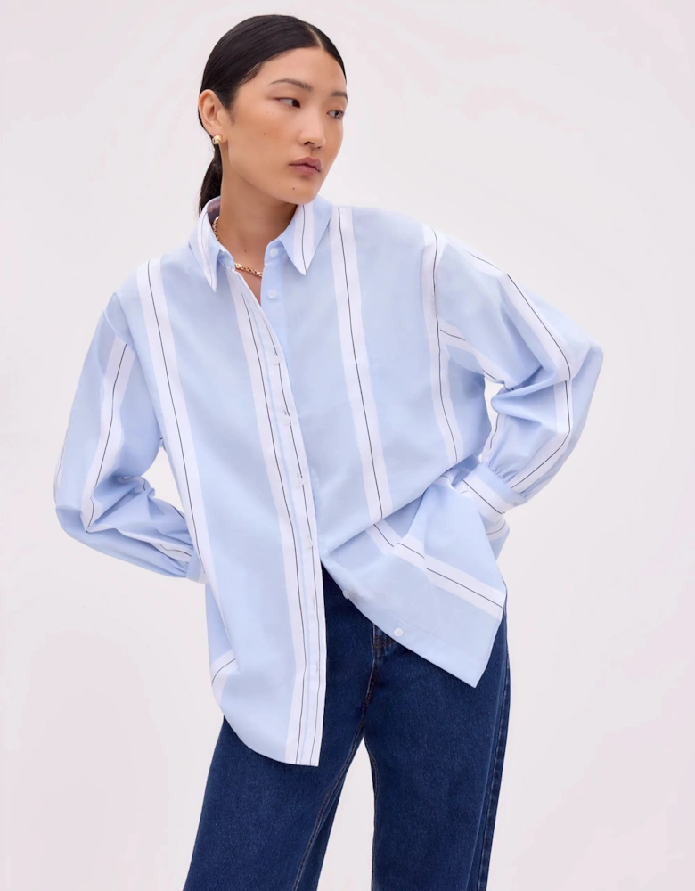 Blue Striped Cross Over Back Cotton Shirt