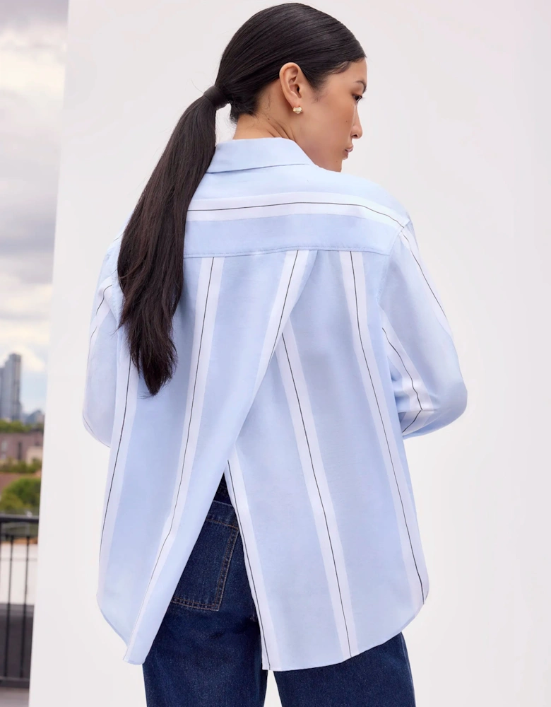 Blue Striped Cross Over Back Cotton Shirt