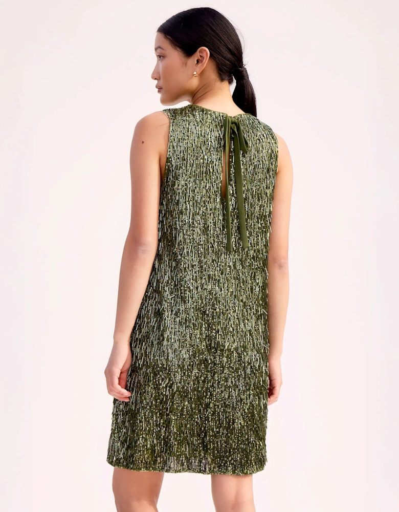 Nina Olive-Green Sequinned Bead-Embellished Shift Dress