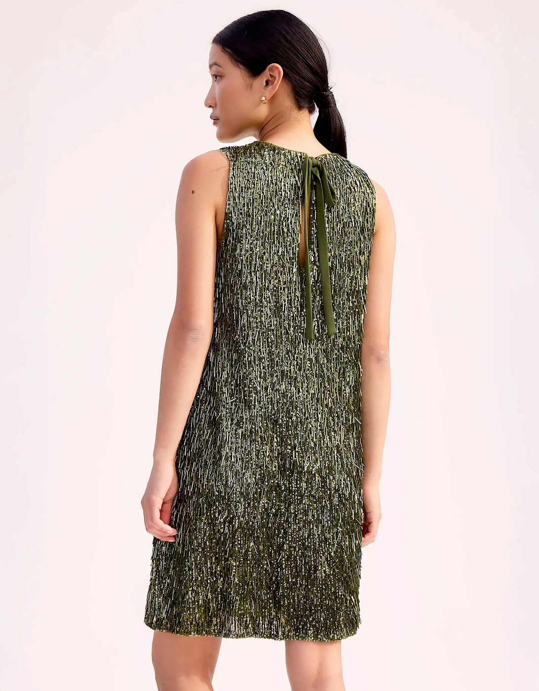 Nina Olive-Green Sequinned Bead-Embellished Shift Dress
