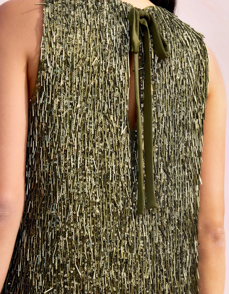 Nina Olive-Green Sequinned Bead-Embellished Shift Dress