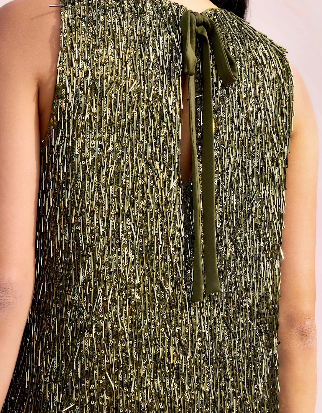 Nina Olive-Green Sequinned Bead-Embellished Shift Dress