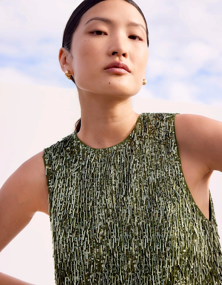 Nina Olive-Green Sequinned Bead-Embellished Shift Dress