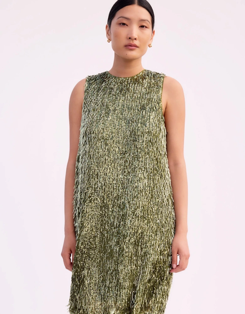 Nina Olive-Green Sequinned Bead-Embellished Shift Dress