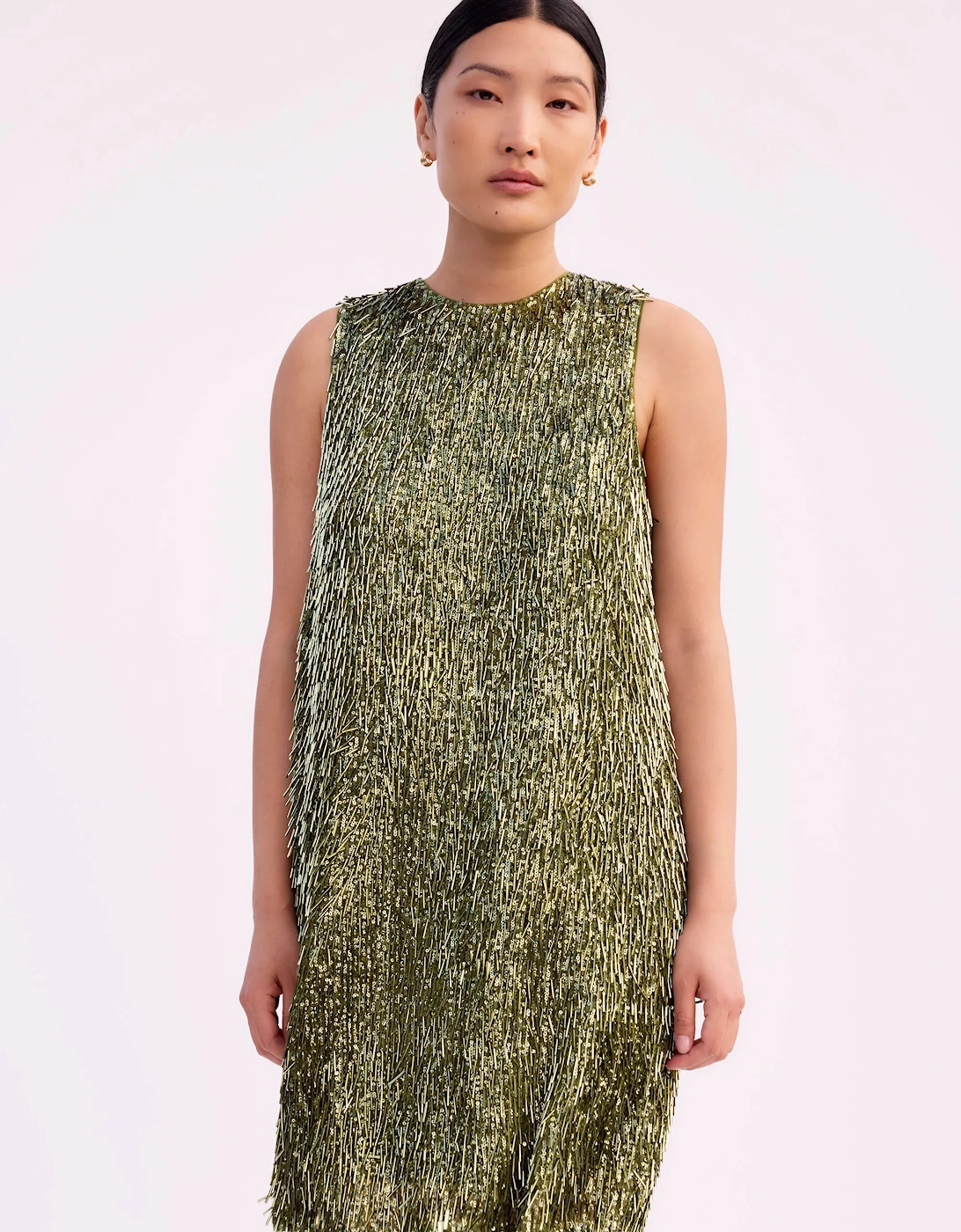Nina Olive-Green Sequinned Bead-Embellished Shift Dress