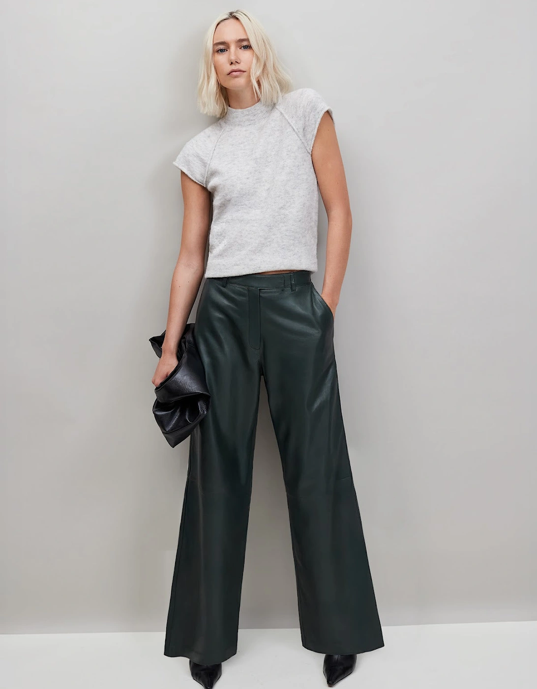 Dark-Green Leather Wide-Leg Trousers