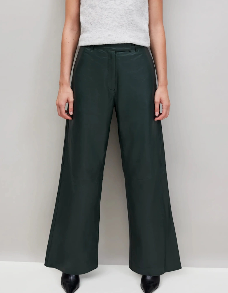 Dark-Green Leather Wide-Leg Trousers