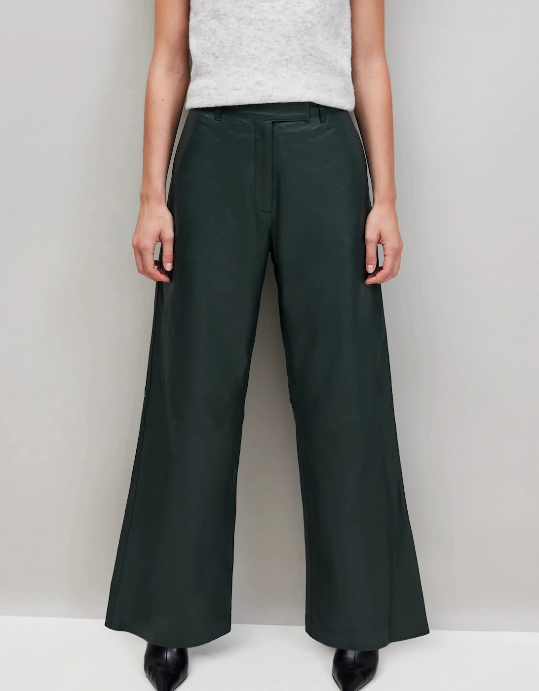 Dark-Green Leather Wide-Leg Trousers