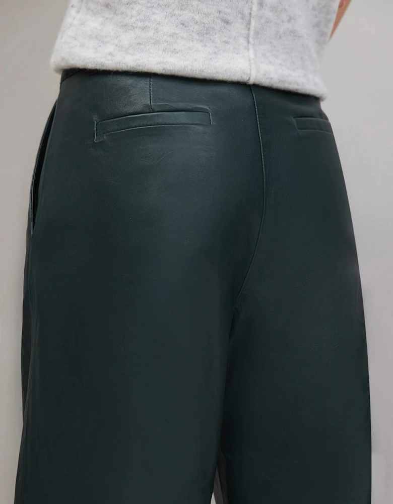 Dark-Green Leather Wide-Leg Trousers