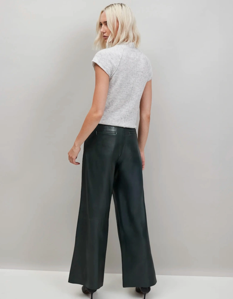Dark-Green Leather Wide-Leg Trousers