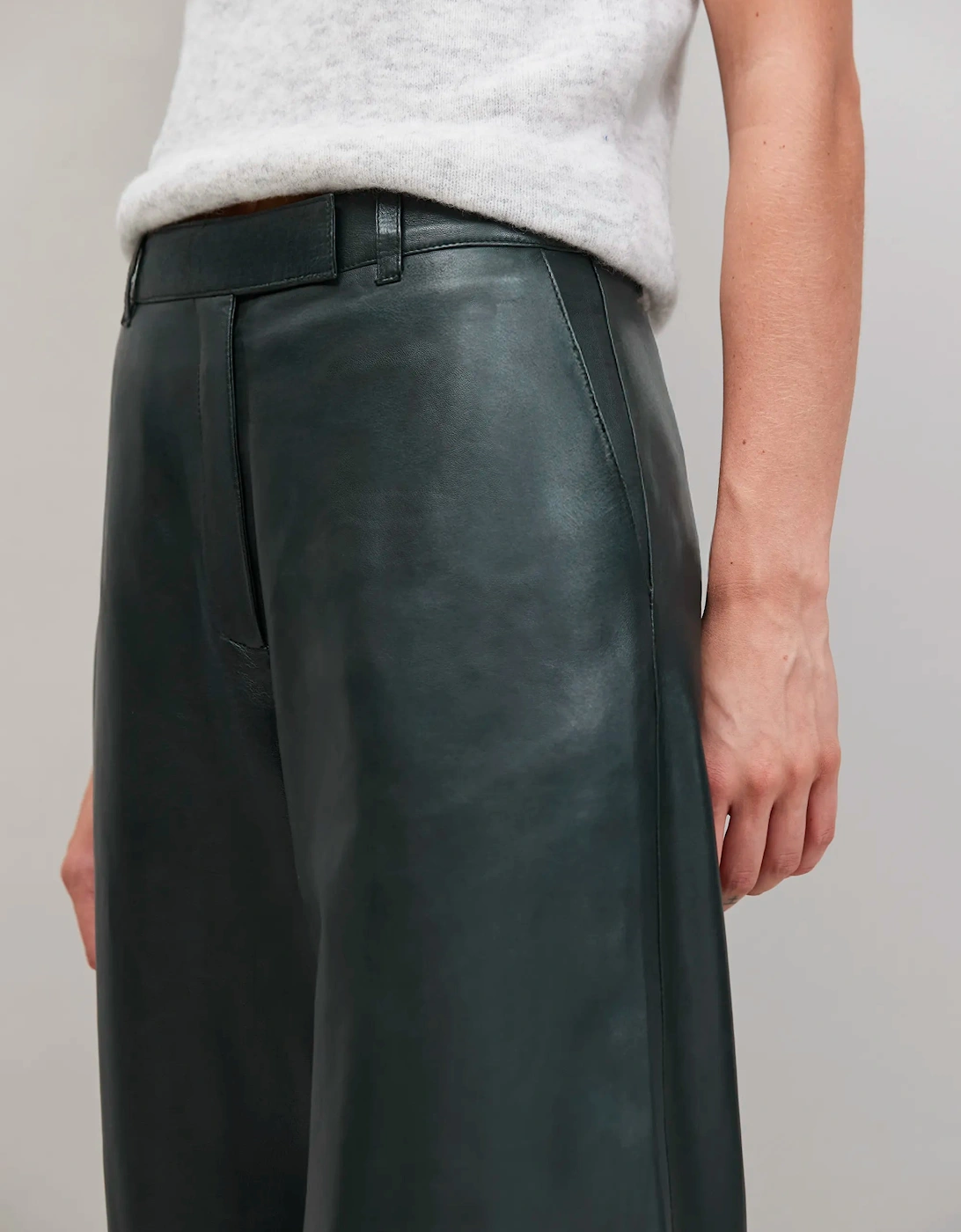 Dark-Green Leather Wide-Leg Trousers