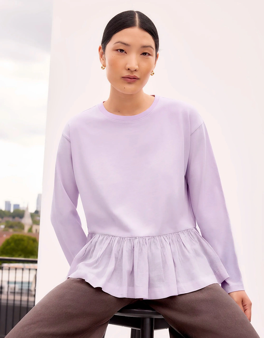 Lilac Peplum-Hem Long-Sleeved Organic Cotton T-Shirt