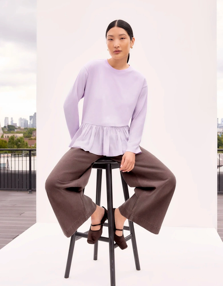 Lilac Peplum-Hem Long-Sleeved Organic Cotton T-Shirt