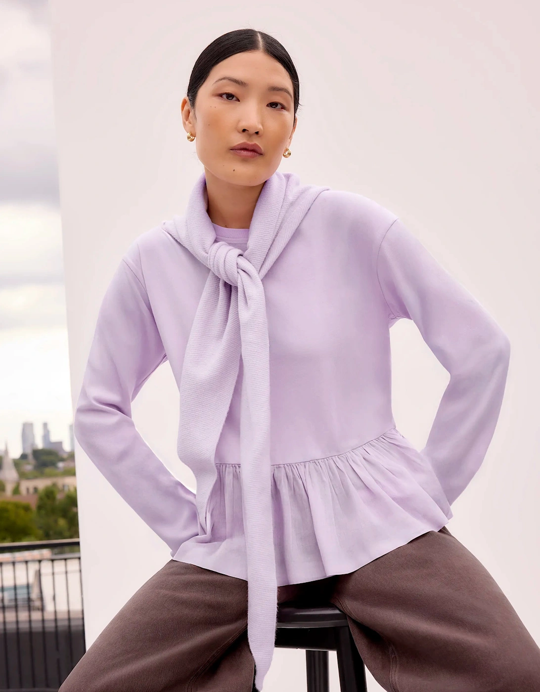 Lilac Peplum-Hem Long-Sleeved Organic Cotton T-Shirt