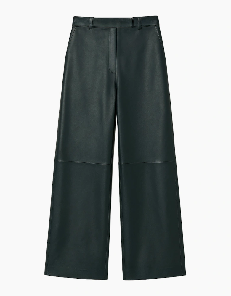 Dark-Green Leather Wide-Leg Trousers
