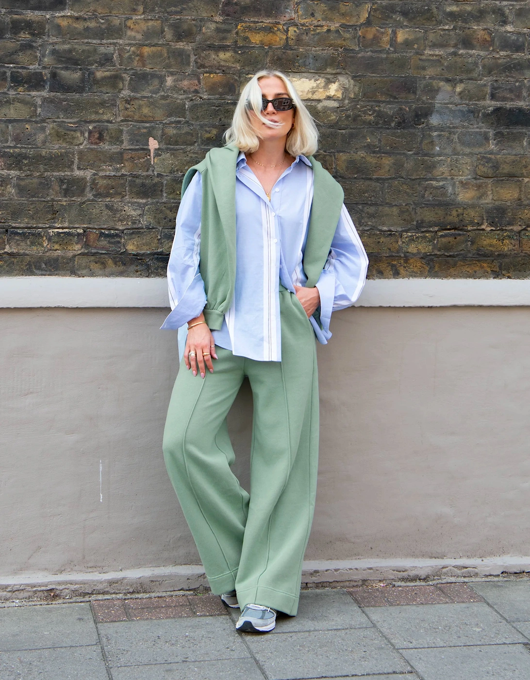 Petite Sage-Green Wide-Leg Sweatpants