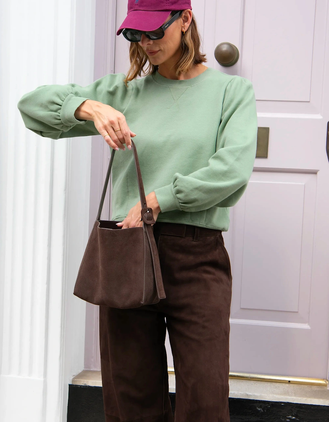 Sage-Green Puff-Sleeved Cotton-Blend Sweatshirt