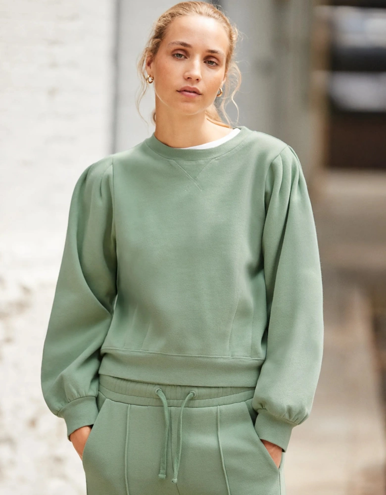 Sage-Green Puff-Sleeved Cotton-Blend Sweatshirt