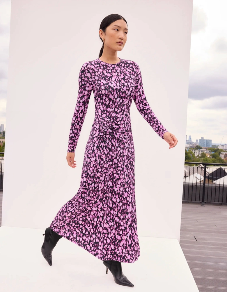 Petite Ruched Batik-Print Midaxi Dress