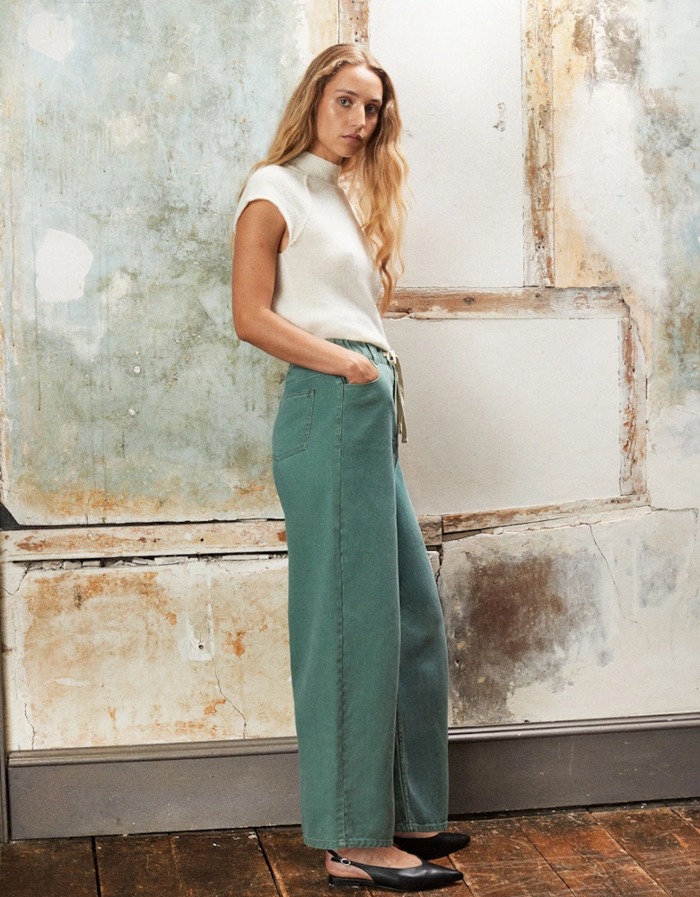 Sage Drawstring-Waist Barrel-Leg Jeans