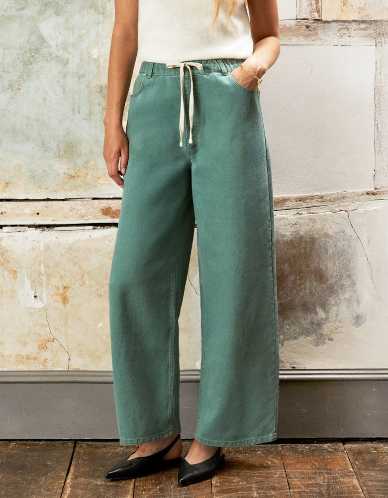 Sage Drawstring-Waist Barrel-Leg Jeans
