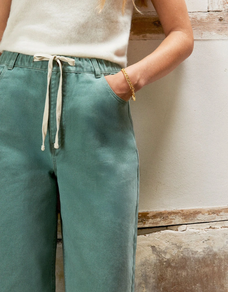 Sage Drawstring-Waist Barrel-Leg Jeans