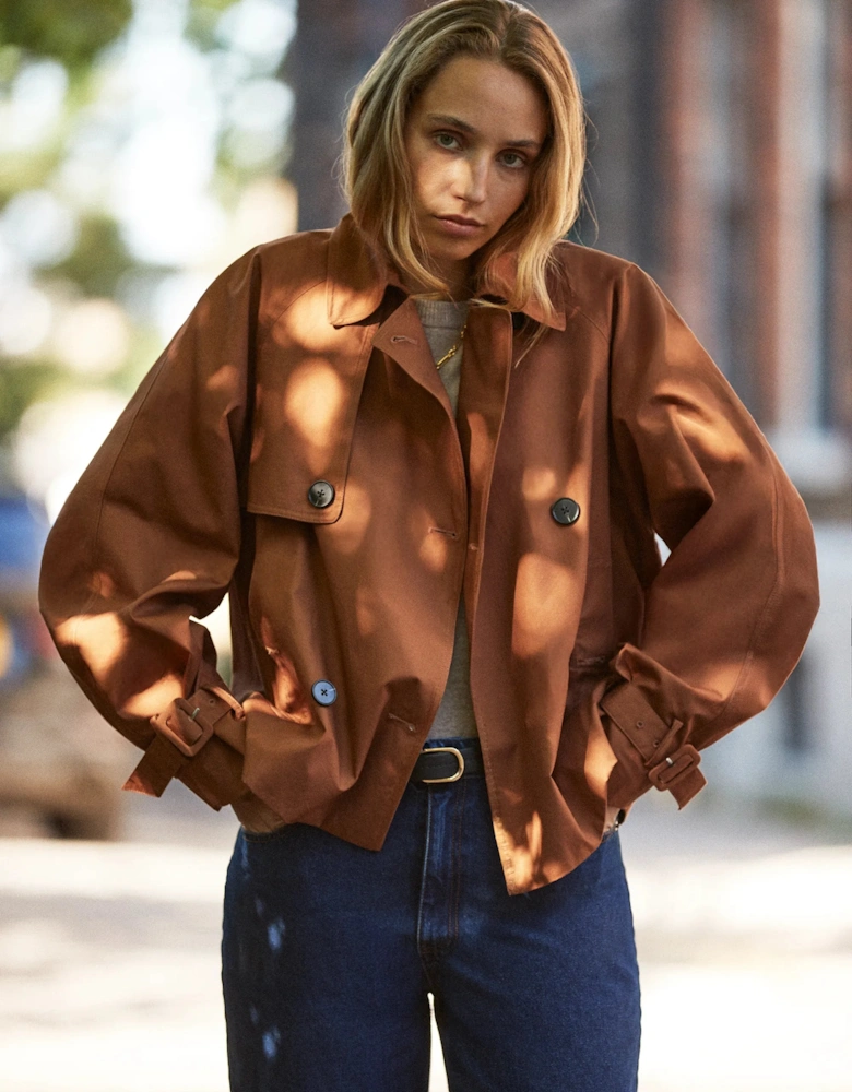 Rust Cropped Cotton Voluminous Sleeve Trench