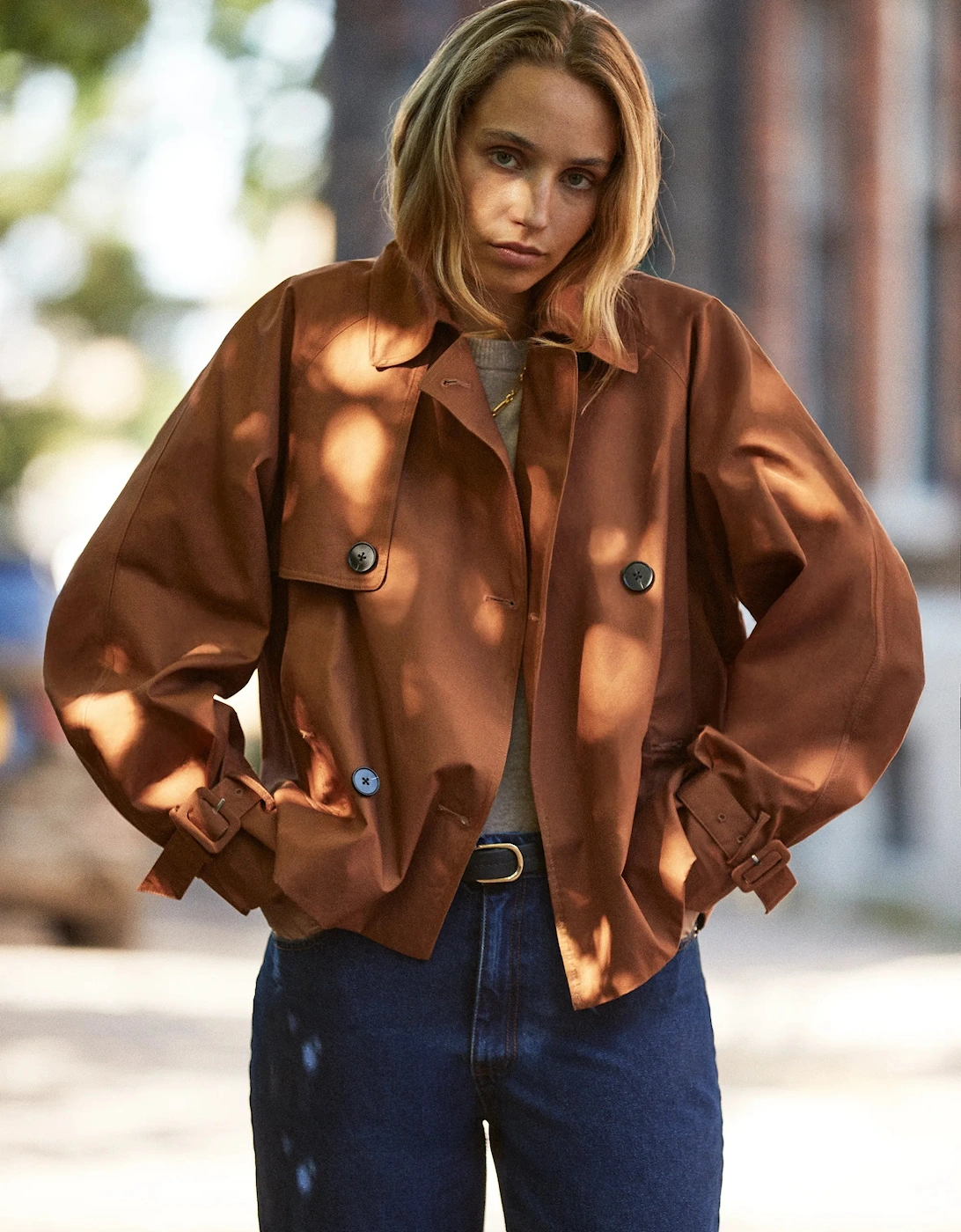 Rust Cropped Cotton Voluminous Sleeve Trench