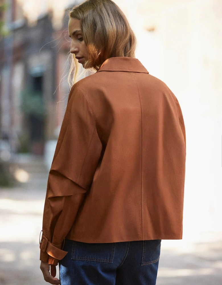 Rust Cropped Cotton Voluminous Sleeve Trench