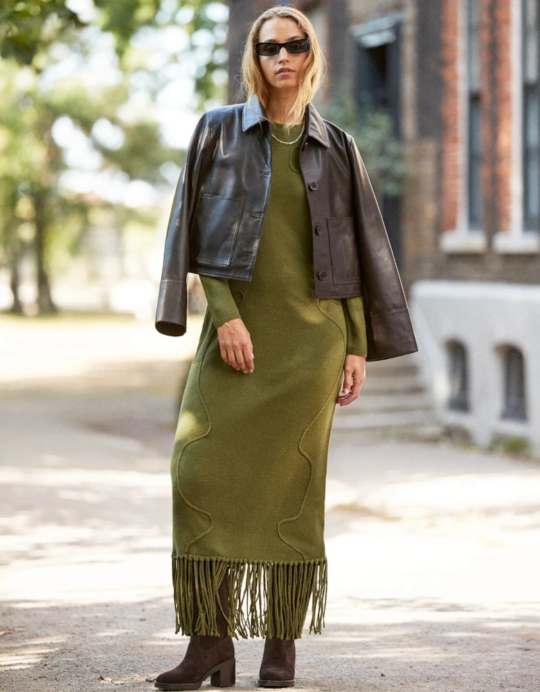 Khaki-Green Appliqued Knit Midi Dress with Wool