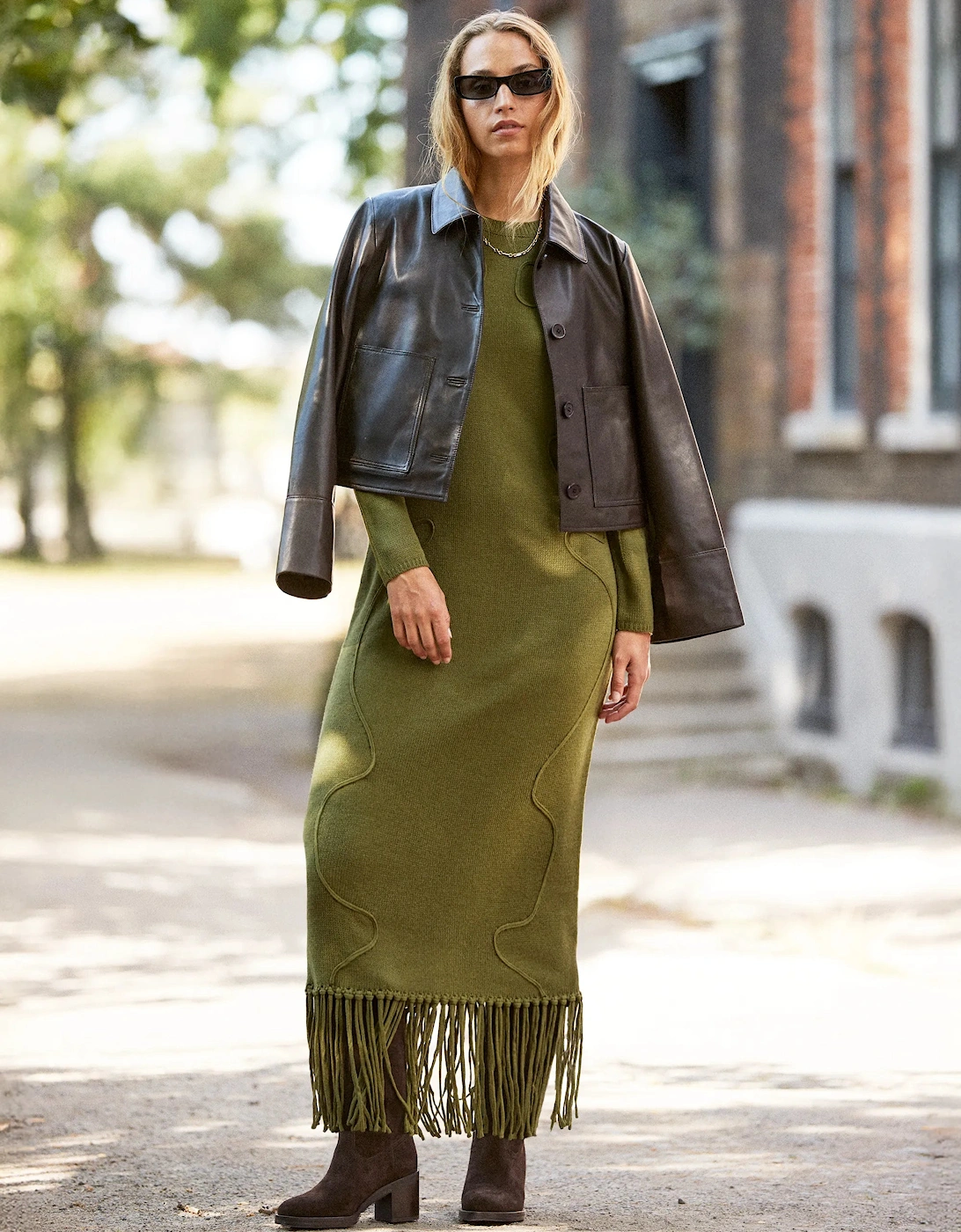 Khaki-Green Appliqued Knit Midi Dress with Wool