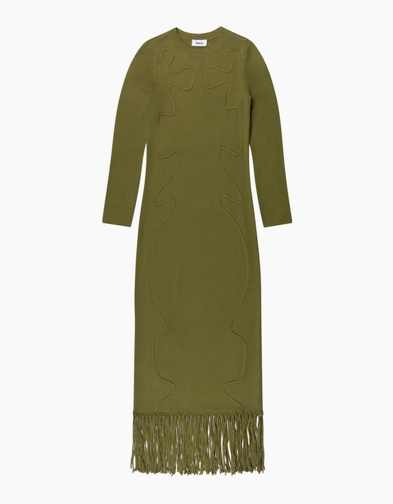 Khaki-Green Appliqued Knit Midi Dress with Wool
