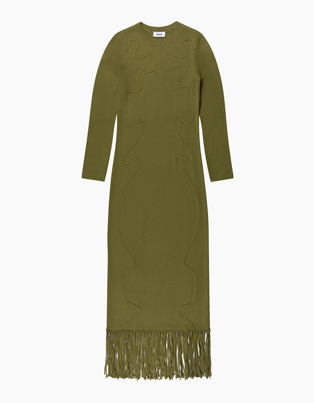 Khaki-Green Appliqued Knit Midi Dress with Wool