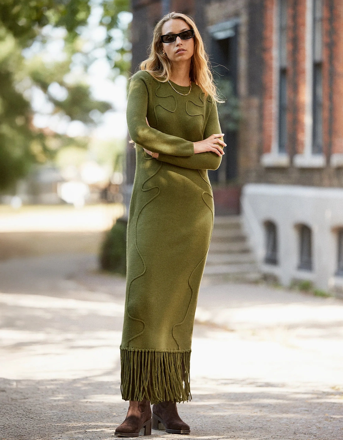 Khaki-Green Appliqued Knit Midi Dress with Wool