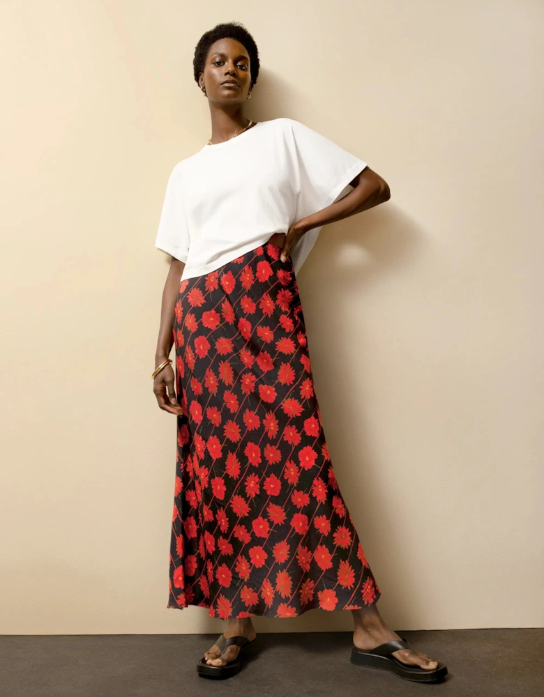 Red Daisy-Print Striped Bias-Cut Skirt