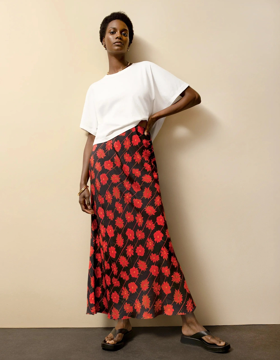 Red Daisy-Print Striped Bias-Cut Skirt, 6 of 5