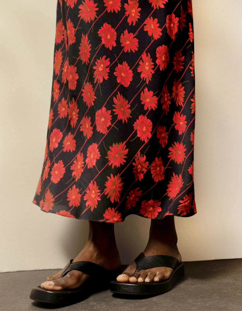 Red Daisy-Print Striped Bias-Cut Skirt